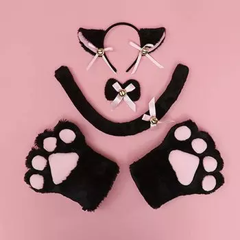 Повязка на голову с кошачьими ушками, кошачий костюм, кошачьи ушки, хвост, лапы, перчатки, колье, комплект из 4 предметов, бант, колокольчик, пушистый кошачий костюм для косплея на Хэллоуин, аксессуары