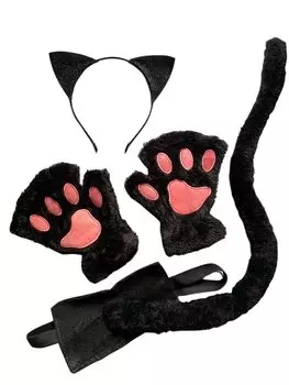 Повязка на голову с кошачьими ушками, кошачий косплей, черный комплект из 3 предметов, перчатки с хвостом и лапами, аксессуары для костюма на Хэллоуин, кошачьи ушки [harecoro] (Тип блеска) чёрный