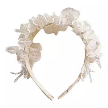 Повязка на голову с кружевом и жемчугом для девочек, винтажная повязка на голову в стиле принцессы Лолиты для детей, сверкающая повязка на голову с кружевом и жемчугом бежевый