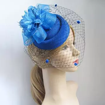 Повязка на голову с перьевой вуалью и кружевным цветком, женская элегантная шляпка, головной убор, заколки для волос, очаровательная заколка для волос для свадебной вечеринки синий