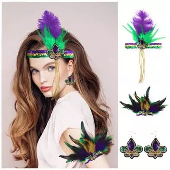 Повязка на голову с перьями для карнавала Mardi Gras, женский маскарадный головной убор, повязка на руку, серьги, набор из пайеток, блестящая повязка на голову, костюм для карнавальной вечеринки, аксессуар C