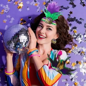 Повязка на голову с перьями для карнавала Mardi Gras, женский маскарадный головной убор, повязка на руку, серьги, набор из пайеток, блестящая повязка на голову, костюм для карнавальной вечеринки, аксессуар C