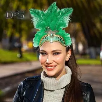 Повязка на голову с перьями и стразами, эластичный карнавальный головной убор для женщин, легкий праздничный головной убор чёрный