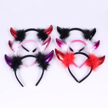 Повязка на голову с рогом красного дьявола на Хэллоуин и перьями индейки horn + feather красный