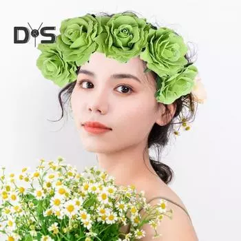 Повязка на голову с розами, обруч для волос ручной работы с 5 искусственными розами, высокая эластичная конструкция, обруч для волос в стиле бохо, праздничный декор зелёный