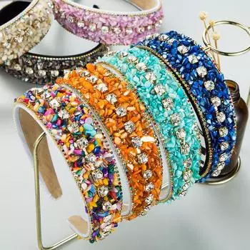 Повязка на голову с трендовым дизайном, бирюзовый цвет, инкрустированный бриллиантами, широкий край, тканевая повязка на голову ярких цветов, универсальный головной убор бежевый
