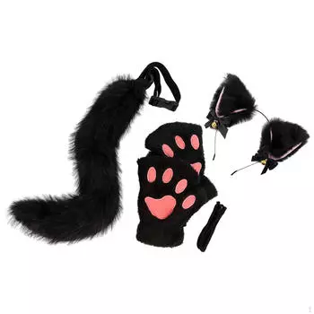 Повязка на голову с ушками животных, набор с хвостом, очаровательные милые перчатки для женщин, девочек, дня рождения, выпускного вечера чёрный