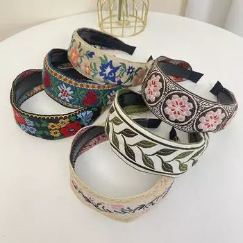 Повязка на голову с вышивкой в стиле бохо Этнический обруч для волос с широкими полями Узор из листьев и цветов Аксессуары для волос Головной убор розовый