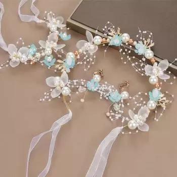 Повязка на голову с жемчугом и цветком из горного хрусталя, серьги с цветком на запястье, зажим для сережек, женская элегантная заколка для волос с кристаллами, круглая заколка для волос, аксессуары 1 белый