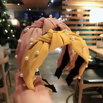 Повязка на голову с жемчугом, повязка для волос с крестообразным узлом для женщин, однотонная повязка для волос в корейском стиле для девочек, винтажные аксессуары, повязка для волос с жемчугом красный