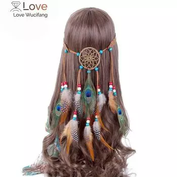 Повязка на голову в стиле хиппи в стиле бохо-хиппи «ловец снов», модный головной убор из перьев павлина, аксессуары для волос