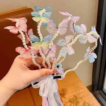 Повязка на голову в виде бабочки, детский обруч для волос, милая детская повязка для волос с жемчугом, жемчужная повязка для волос, заколка для волос, аксессуар для волос синий