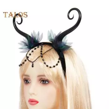 Повязка на голову ведьмы на Хэллоуин, декор с рогом, обруч для волос, черный эльфийский цветок, фея, аксессуар для косплея, реквизит для косплея чёрный