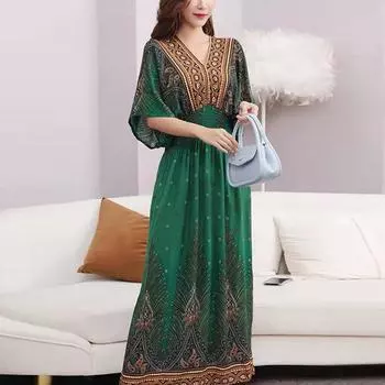 Повседневная элегантная ретро богемная летняя длинная юбка в национальном стиле с v-образным вырезом и эластичной резинкой на талии, женское платье, одежда one size