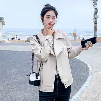Повседневная элегантная женская черная куртка из искусственной кожи короткого покроя на осень и весну S бежевый