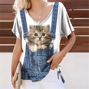 Повседневная аниме повседневная сексуальная милая цифровая футболка с 3D принтом кота, женский топ, свободные футболки с короткими рукавами и v-образным вырезом, женские топы, одежда XL