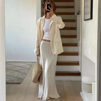 Повседневная атласная женская юбка с высокой талией, тонкая свободная юбка макси на шнуровке цвета шампанского, нижняя элегантная однотонная женская длинная юбка S бежевый