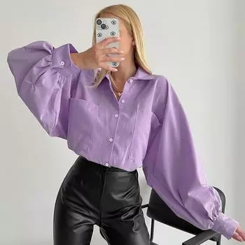 Повседневная белая блузка с рукавом-фонариком в стиле ретро, женская осень 2023, свободные рубашки с длинными рукавами, элегантные офисные женские топы на пуговицах 28624 S фиолетовый