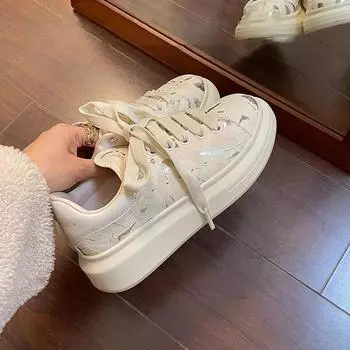Повседневная белая обувь, увеличивающая рост на толстой подошве, женская повседневная обувь, новые весенние женские кроссовки на шнуровке 35 бежевый