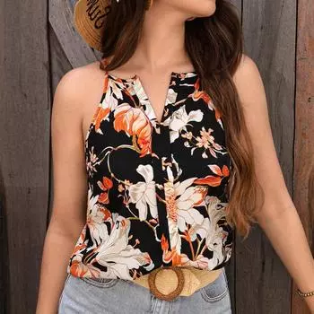 Повседневная блузка без рукавов с v-образным вырезом и цветочным принтом, женская 2024, летняя модная женская рубашка, топы, элегантные винтажные свободные женские блузки 24407 S жёлтый