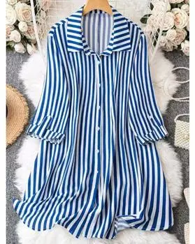 Повседневная блузка больших размеров, женская блузка с отложным воротником и пуговицами в полоску больших размеров 1XL синий