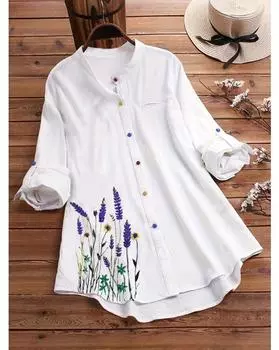 Повседневная блузка больших размеров, женская блузка с асимметричным подолом и застегнутыми рукавами с цветочным принтом и воротником-стойкой на пуговицах 1XL белый