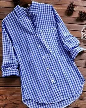 Повседневная блузка больших размеров, женская рубашка с длинным рукавом и отложным воротником в клетку с принтом больших размеров 1XL синий