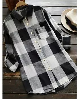 Повседневная блузка больших размеров, женская рубашка-туника с длинными рукавами и воротником в клетку с воротником на пуговицах и топом 1XL чёрный