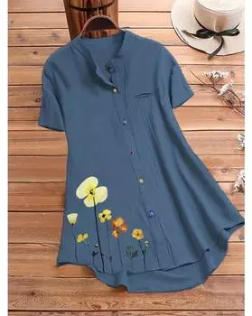 Повседневная блузка больших размеров, женская рубашка с короткими рукавами и яркими пуговицами с кошачьим принтом больших размеров 1XL синий