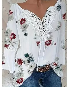 Повседневная блузка больших размеров, женская туника-туника с цветочным принтом и контрастным кружевом с длинными рукавами и завязками на шее, топ-топ 1XL белый