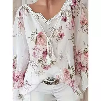 Повседневная блузка больших размеров, женская туника-туника с цветочным принтом и контрастным кружевом с длинными рукавами и завязками на шее, топ-топ L небесно-голубой