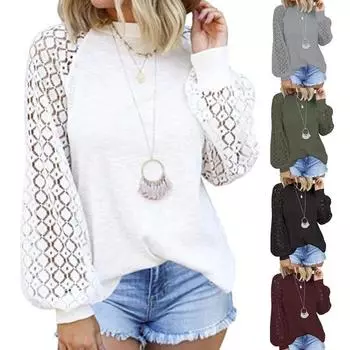 Повседневная блузка с длинным рукавом, полая приятная для кожи кружевная женская футболка с круглым вырезом крючком