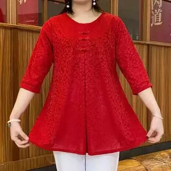 Повседневная блузка с китайской застежкой-пуговицей, винтажная женская мода, жаккардовое переплетение, весна-осень, круглый вырез, повседневная рубашка с рукавом три четверти XL красный