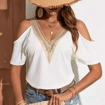 Повседневная блузка с открытыми плечами и v-образным вырезом, женская летняя одежда 2023, полые свободные элегантные женские рубашки, однотонные топы с короткими рукавами 28014 S абрикосовый