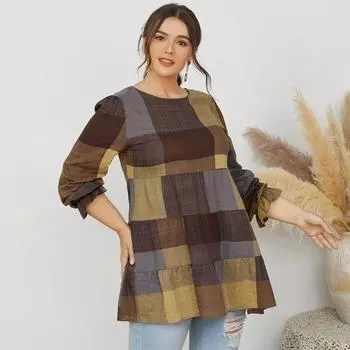 Повседневная блузка в клетку с длинными рукавами и круглым вырезом больших размеров FZH S жёлтый