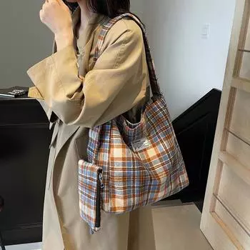 Повседневная большая сумка из холста, женская модная сумка-мессенджер с широкими ремешками, осенне-зимняя универсальная сумка-тоут в клетку под мышками хаки