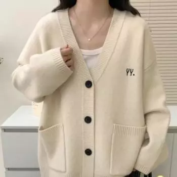 Повседневная большая версия вышитого вязаного свитера осень-зима ленивый ветер свободный ретро кардиган с V-образным вырезом куртка женская One Size красный