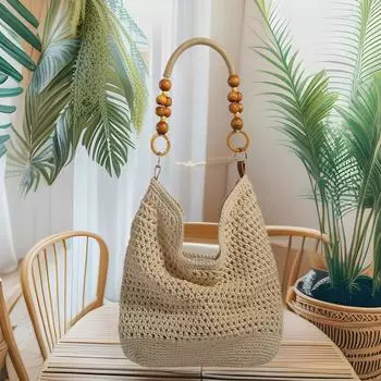 Повседневная большая вместительная хлопковая плетеная сумка из ниток, новая полая сумка ручной работы через плечо, пляжная сумка для отпуска, универсальная женская сумка