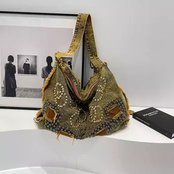 Повседневная большая вместительная сумка-тоут для женщин, сумка через плечо, джинсовая большая сумка через плечо с заклепками