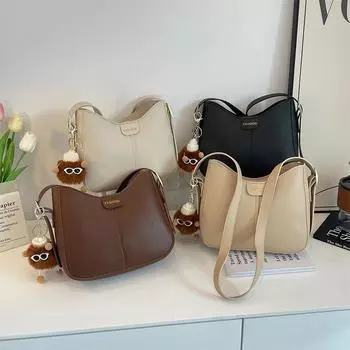 Повседневная большая вместительная воздушная сумка иностранного производства, модная женская сумка-мессенджер, однотонная простая сумка-ведро No pendant коричневый