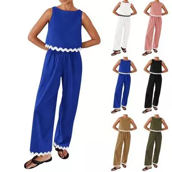 Повседневная Цветная блок-карман Контраст О-образный вырез Без рукавов Две части L чёрный