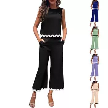 Повседневная Цветная блок-карман Контраст О-образный вырез Без рукавов Две части L чёрный