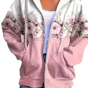 Повседневная цветочная принтованная толстовка с капюшоном на молнии с завязками на шнурке спортивная куртка женская одежда S
