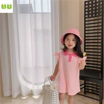 Повседневная детская юбка, однотонное платье-поло для девочек, трикотажное платье с короткими рукавами 100cm розовый