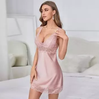 Повседневная домашняя пижама с V-образным вырезом, ночная рубашка, пижама, новая атласная пижама, сексуальное женское кружевное нижнее белье, домашняя одежда S