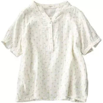 Повседневная двухслойная хлопковая пряжа двухцветная принтованная полуоткрытая рубашка с V-образным вырезом и короткими рукавами для женщин One size белый