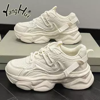 Повседневная дышащая обувь с толстой подошвой и сетчатой поверхностью для женщин 2024 года, новые модные простые универсальные кроссовки с увеличенным размером, лето 35 бежевый