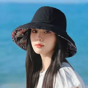 Повседневная дышащая солнцезащитная шляпа с защитой от ультрафиолета и солнцезащитным козырьком Рыбацкая шляпа Двусторонняя складная шляпа Кепки с цветочным принтом Регулируемая дышащая шляпа от солнца M56-58cm чёрный