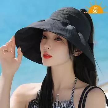 Повседневная дышащая защита от солнца. Защита от ультрафиолета. Солнцезащитная шляпа. Шляпа с бантом. Пустая верхняя кепка с хвостиком. Пляжная регулируемая дышащая шляпа от солнца с широкими полями. M56-58cm чёрный