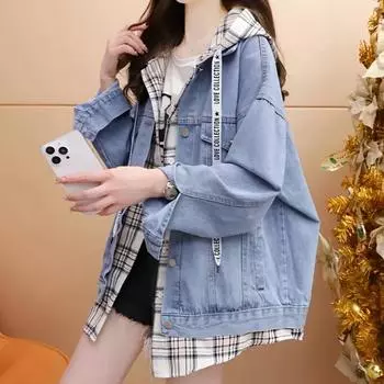 Повседневная джинсовая куртка с капюшоном, женская, весна и осень, свободная, студенческая мода, поддельная, из двух частей, джинсовая куртка, верхняя часть XL синий